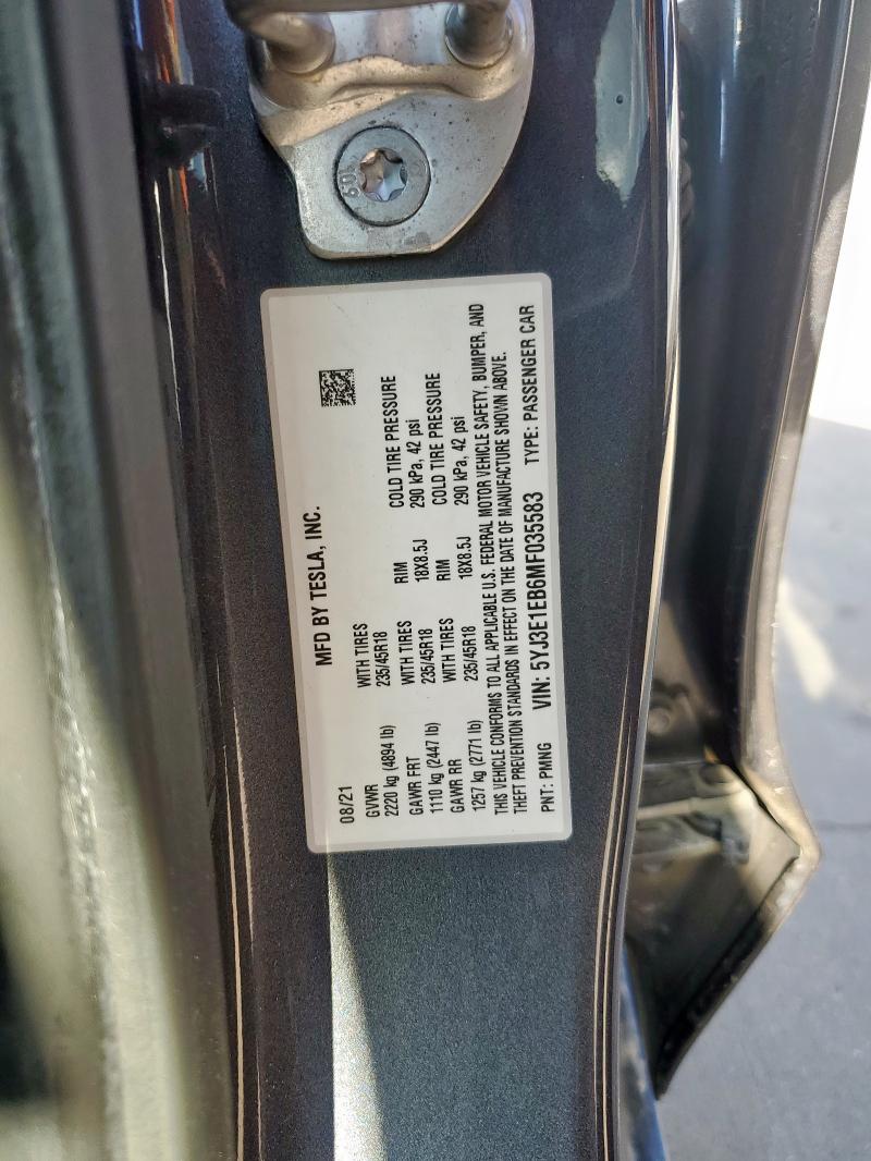 5YJ3E1EB6MF035583 - 2021 TESLA MODEL 3 Сұр фото 12