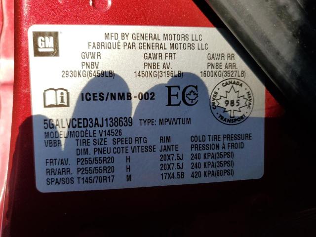 5GALVCED3AJ138639 - 2010 BUICK ENCLAVE CXL 红色 照片 13