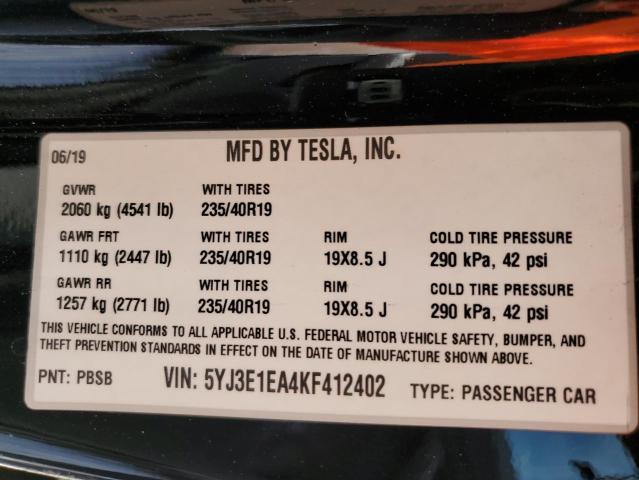 5YJ3E1EA4KF412402 - 2019 TESLA MODEL 3 შავი ფოტო 12