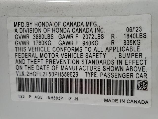 2HGFE2F50PH559629 - 2023 HONDA CIVIC SPORT Սպիտակ լուսանկար 12