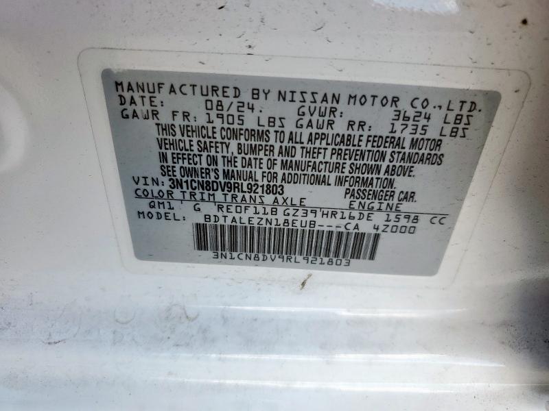 3N1CN8DV9RL921803 - 2024 NISSAN VERSA S WHITE photo 12