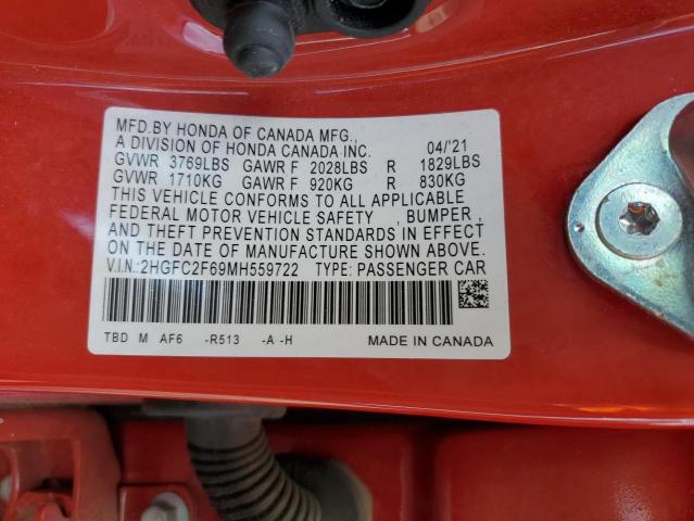 2HGFC2F69MH559722 - 2021 HONDA CIVIC LX RED photo 13