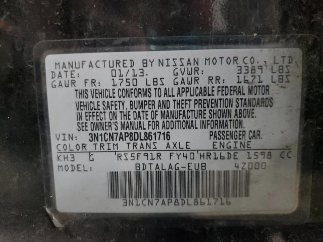 3N1CN7AP8DL861716 - 2013 NISSAN VERSA S BLACK photo 12