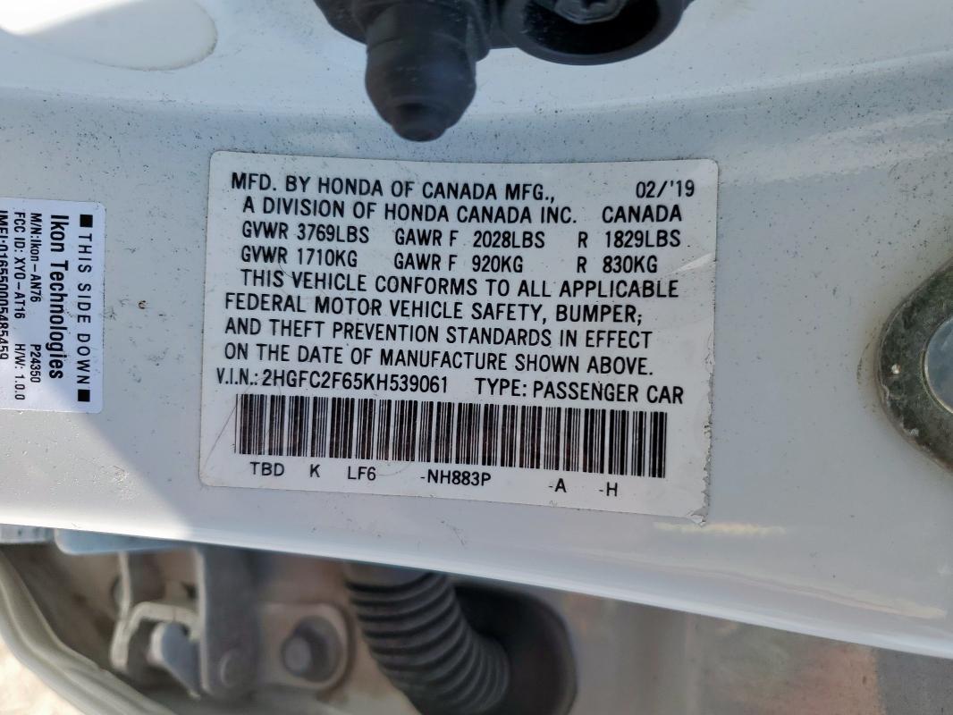 2HGFC2F65KH539061 - 2019 HONDA CIVIC LX Ağ foto 12