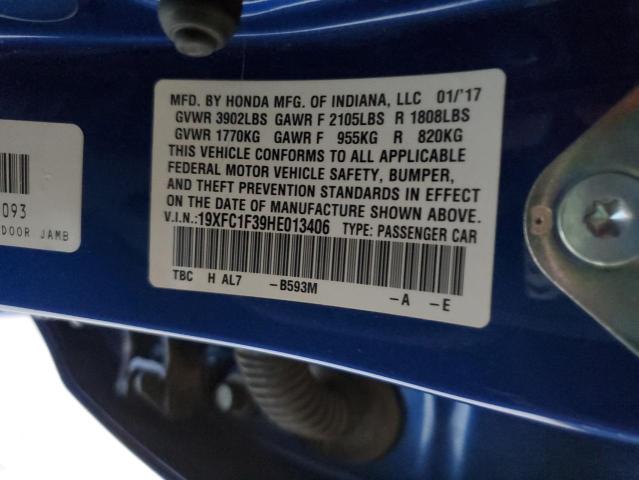 19XFC1F39HE013406 - 2017 HONDA CIVIC EX BLUE photo 12