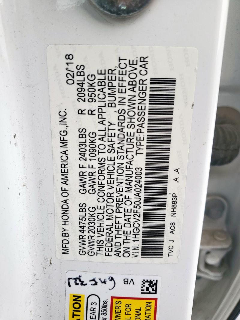 1HGCV2F50JA024003 - 2018 HONDA ACCORD EXL Ақ фото 12