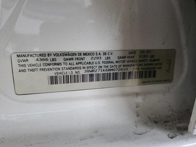 3VWRZ71K68M072610 - 2008 VOLKSWAGEN JETTA SE WHITE photo 12