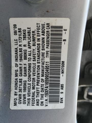 19XFA16599E049511 - 2009 HONDA CIVIC LX Արծաթագույն լուսանկար 12