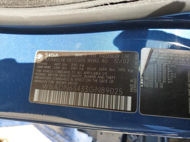 WBADN63433GN89025 - 2003 BMW 540 I AUTOMATIC BLUE photo 12