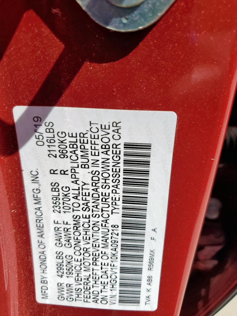 1HGCV1F10KA097218 - 2019 HONDA ACCORD LX წითელი ფოტო 12