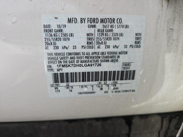 1FMSK7DH0LGA91726 - 2020 FORD EXPLORER XLT 白色 照片 14