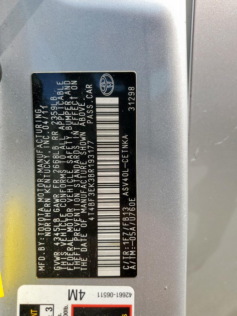 4T4BF3EK3BR193177 - 2011 TOYOTA CAMRY BASE 银色 照片 12