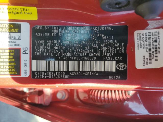 4T4BF1FK8CR160020 - 2012 TOYOTA CAMRY BASE RED photo 12