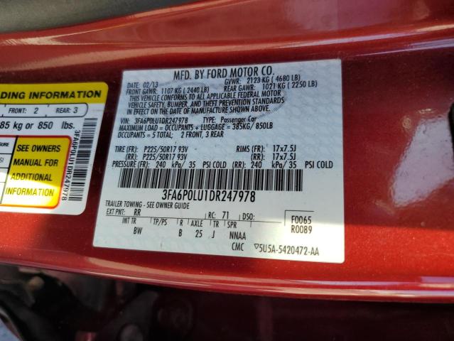 3FA6P0LU1DR247978 - 2013 FORD FUSION SE HYBRID Бордовый фото 12