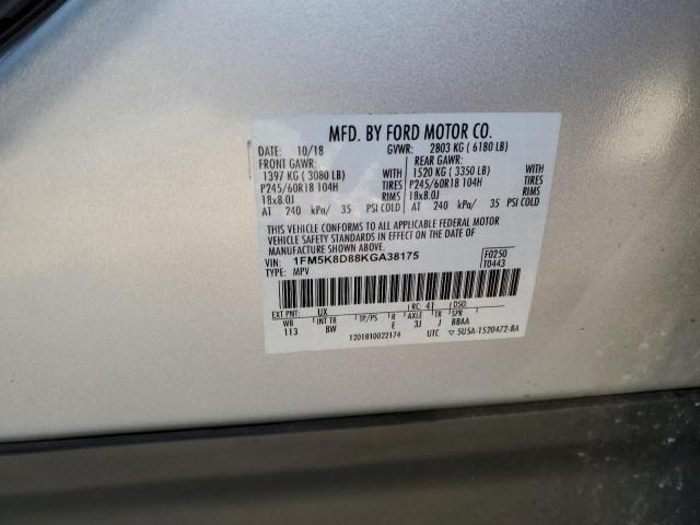 1FM5K8D88KGA38175 - 2019 FORD EXPLORER XLT Silber Foto 12