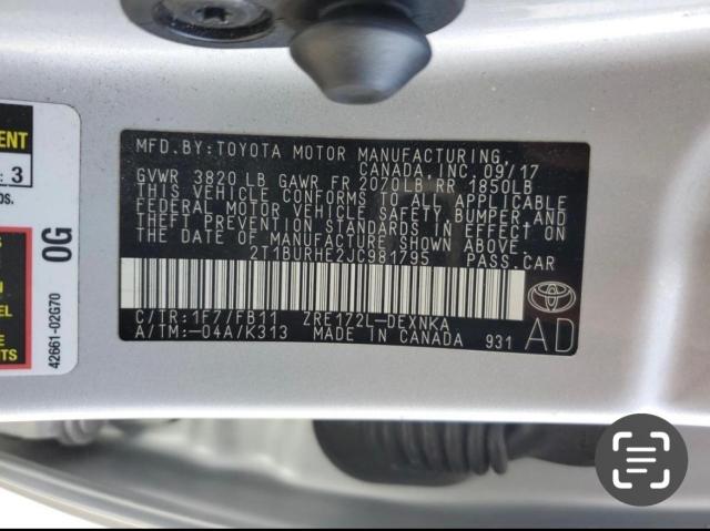 2T1BURHE2JC981795 - 2018 TOYOTA COROLLA L SILVER photo 10