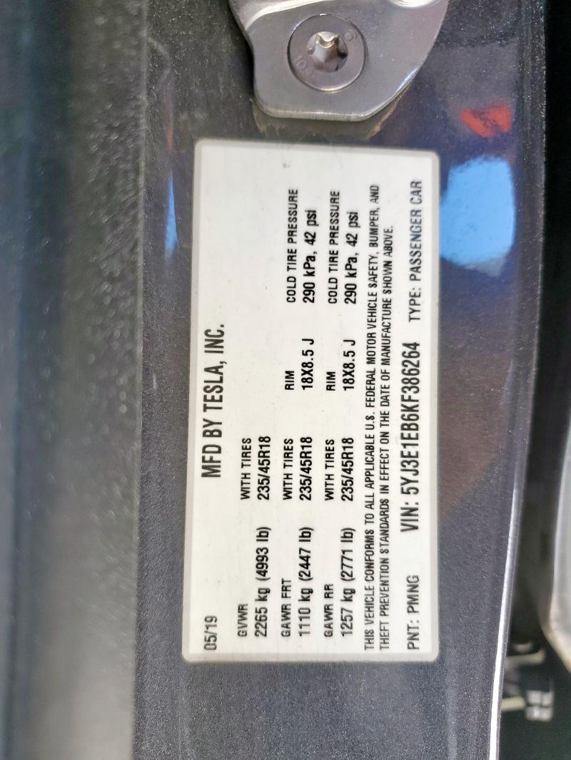 5YJ3E1EB6KF386264 - 2019 TESLA MODEL 3 GRAY photo 12