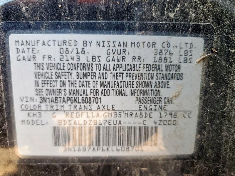 3N1AB7AP6KL608701 - 2019 NISSAN SENTRA S Қара фото 12