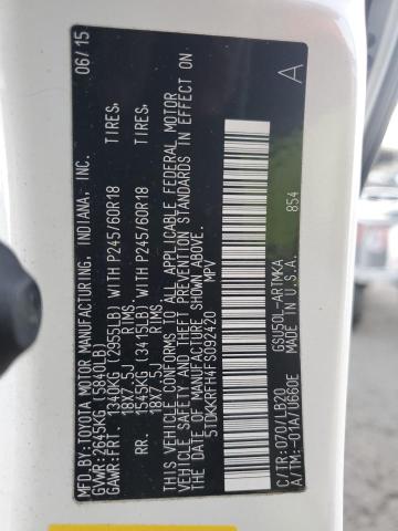 5TDKKRFH4FS092420 - 2015 TOYOTA HIGHLANDER XLE WHITE photo 13