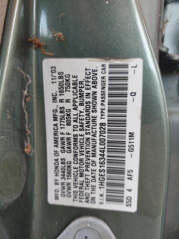 1HGES16344L007028 - 2004 HONDA CIVIC DX VP Կանաչ լուսանկար 12