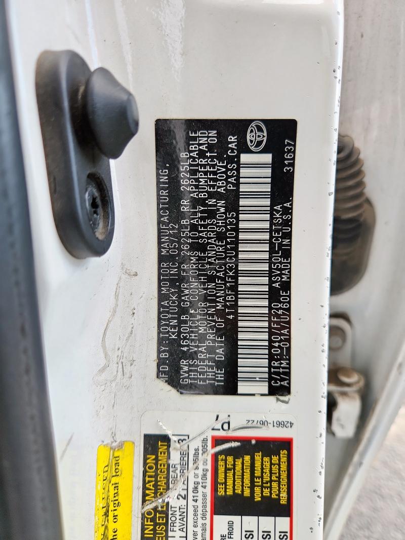 4T1BF1FK3CU110135 - 2012 TOYOTA CAMRY BASE თეთრი ფოტო 12