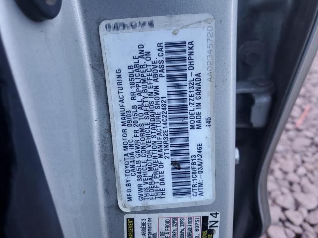 2T1KR32E14C224821 - 2004 TOYOTA COROLLA MA XR SILVER photo 12