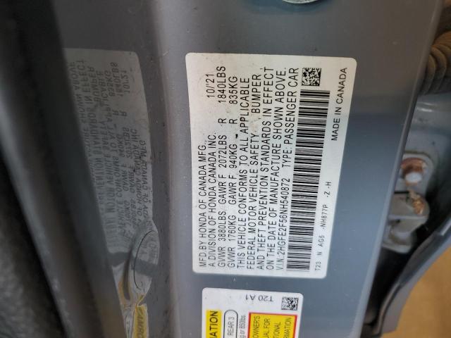 2HGFE2F56NH540872 - 2022 HONDA CIVIC SPORT ნაცრისფერი ფოტო 12