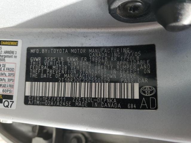 2T1BR30E35C550009 - 2005 TOYOTA COROLLA CE SILVER photo 12
