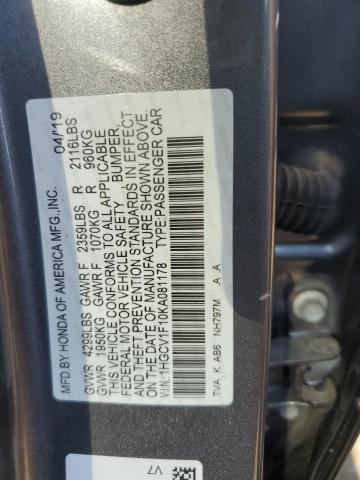 1HGCV1F10KA081178 - 2019 HONDA ACCORD LX 灰色 照片 12