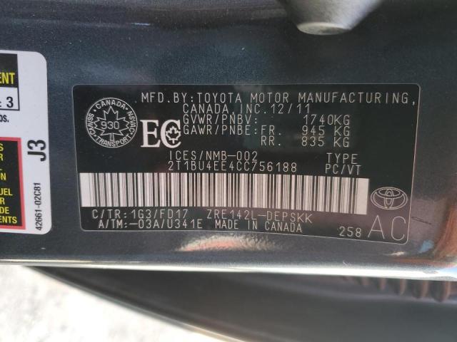 2T1BU4EE4CC756188 - 2012 TOYOTA COROLLA BASE ნაცრისფერი ფოტო 12