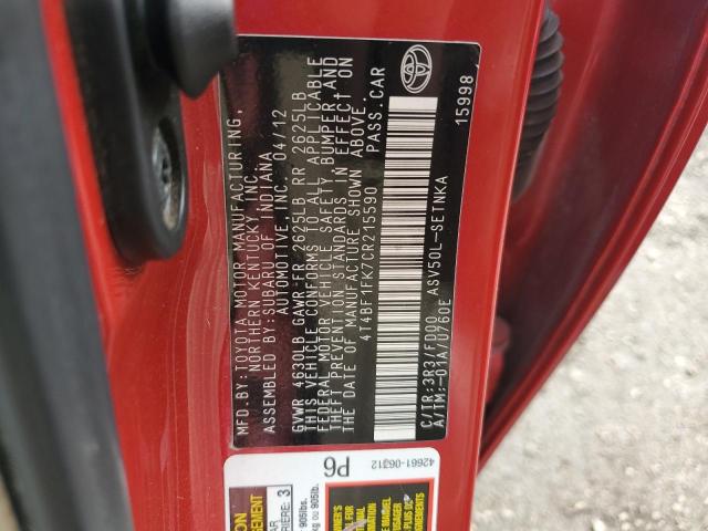 4T4BF1FK7CR215590 - 2012 TOYOTA CAMRY BASE RED photo 12