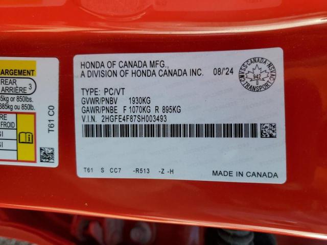 2HGFE4F87SH003493 - 2025 HONDA CIVIC SPORT Qırmızı foto 12