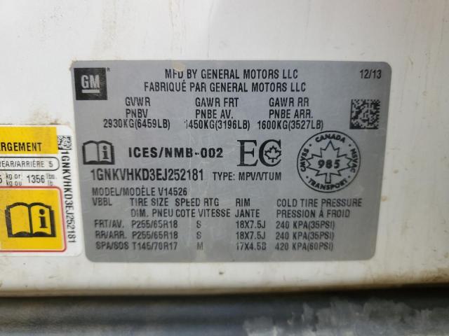 1GNKVHKD3EJ252181 - 2014 CHEVROLET TRAVERSE LT 白色 照片 14