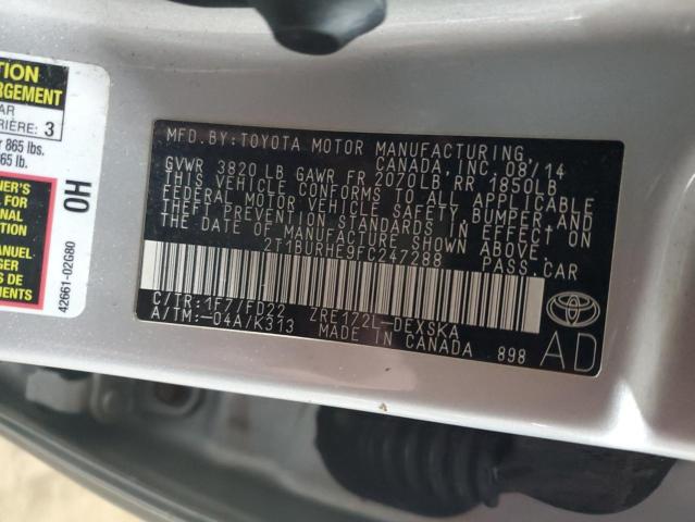 2T1BURHE9FC247288 - 2015 TOYOTA COROLLA L SILVER photo 12