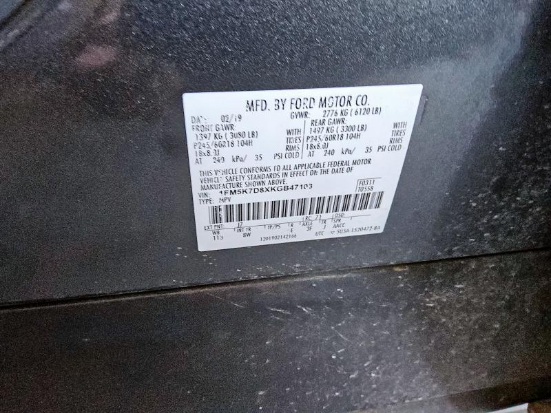 1FM5K7D8XKGB47103 - 2019 FORD EXPLORER XLT GRAY photo 13