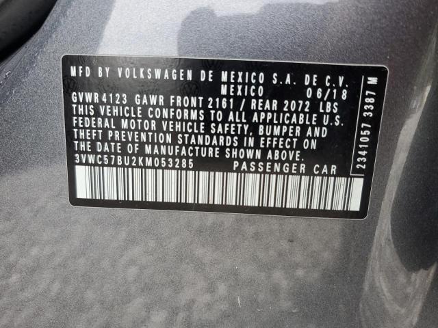3VWC57BU2KM053285 - 2019 VOLKSWAGEN JETTA S GRAY photo 12
