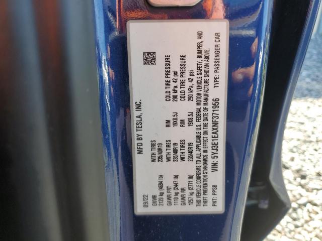 5YJ3E1EAXNF371956 - 2022 TESLA MODEL 3 Mavi foto 12