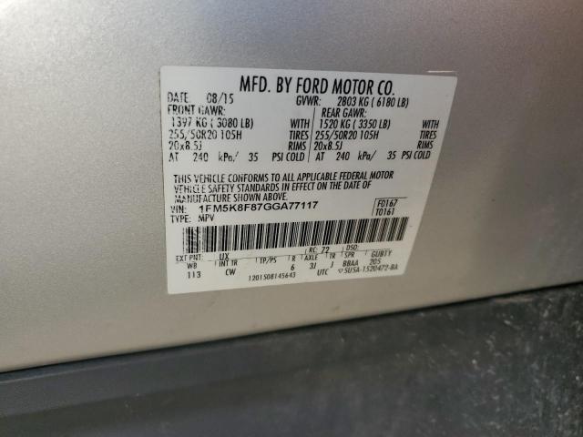 1FM5K8F87GGA77117 - 2016 FORD EXPLORER LIMITED 银色 照片 13