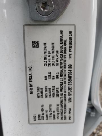 5YJ3E1EB8MF924109 - 2021 TESLA MODEL 3 WHITE photo 12