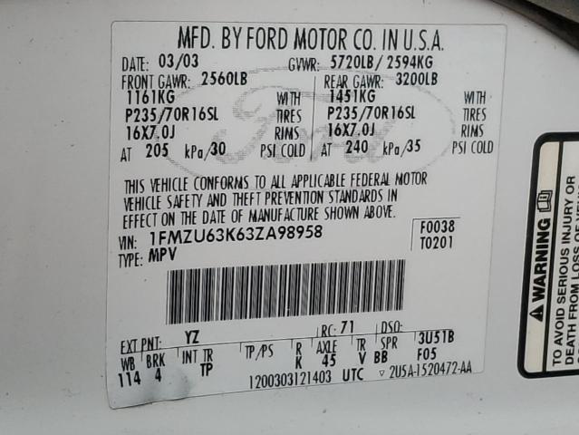 1FMZU63K63ZA98958 - 2003 FORD EXPLORER XLT 白色 照片 13