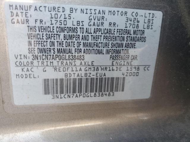 3N1CN7AP0GL838483 - 2016 NISSAN VERSA S GRAY photo 12