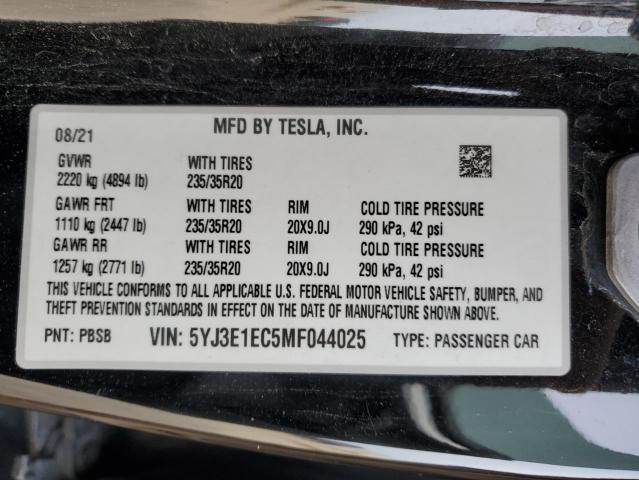 5YJ3E1EC5MF044025 - 2021 TESLA MODEL 3 შავი ფოტო 12