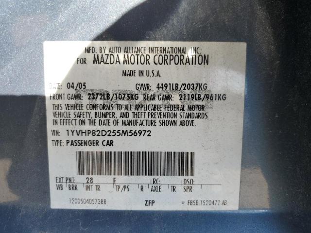 1YVHP82D255M56972 - 2005 MAZDA 6 S BLUE photo 12