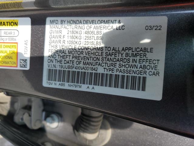 19UUB5F4XNA001842 - 2022 ACURA TLX TECHNOLOGY GRAY photo 12