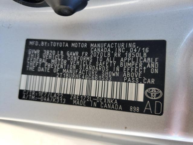 2T1BURHE4GC661533 - 2016 TOYOTA COROLLA L Күміс фото 12