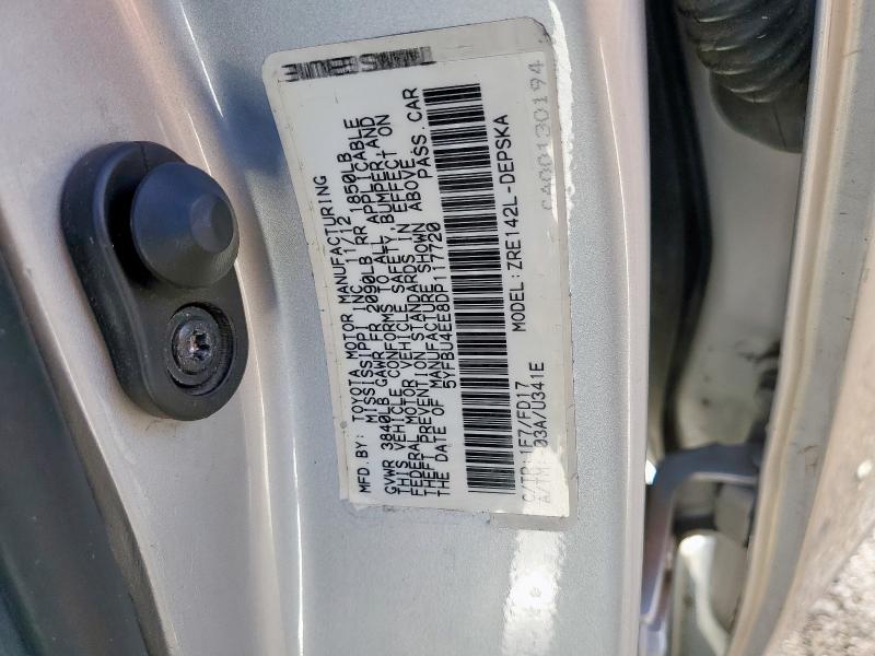 5YFBU4EE8DP117720 - 2013 TOYOTA COROLLA BASE Srebrny zdjęcie 12