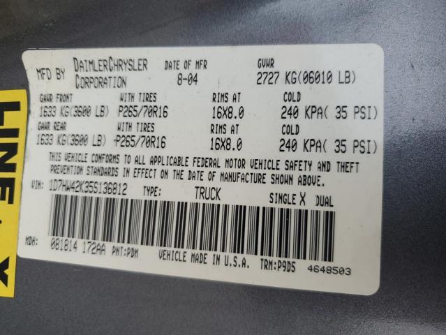 1D7HW42K35S136812 - 2005 DODGE DAKOTA SLT CHARCOAL photo 13