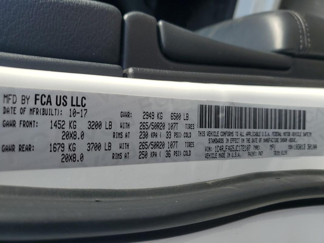 1C4RJFAG5JC172107 - 2018 JEEP GRAND CHER LAREDO WHITE photo 13