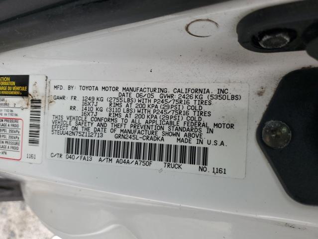 5TEUU42N75Z112713 - 2005 TOYOTA TACOMA ACCESS CAB WHITE photo 12