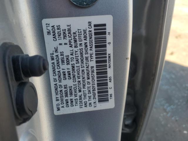 2HGFB2F51CH575678 - 2012 HONDA CIVIC LX SILVER photo 12